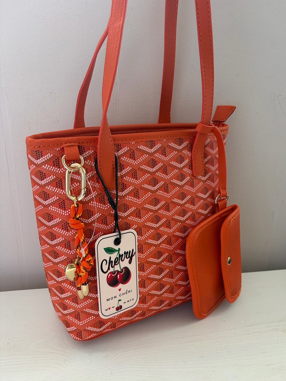 Orange Patterned Tote with Coin Pouch and Cherry Tag